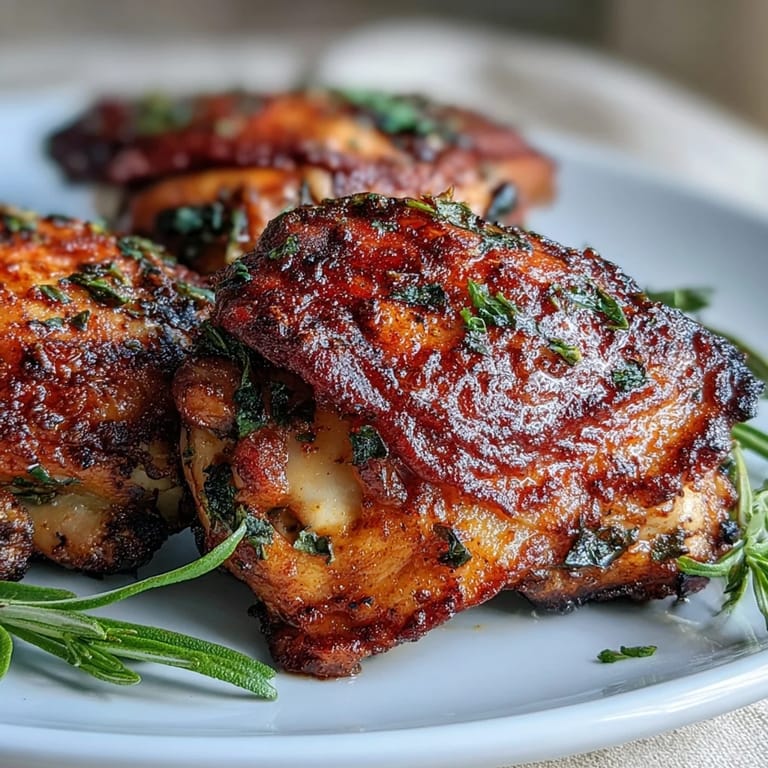 Eight roasted chicken thighs with smoky paprika seasoning sit beside fresh parsley and lemon for a bright garnish.