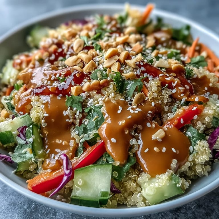 Creamy coconut quinoa in Thai Coconut Quinoa Bowl topped with crisp veggies and a drizzle of peanut dressing.