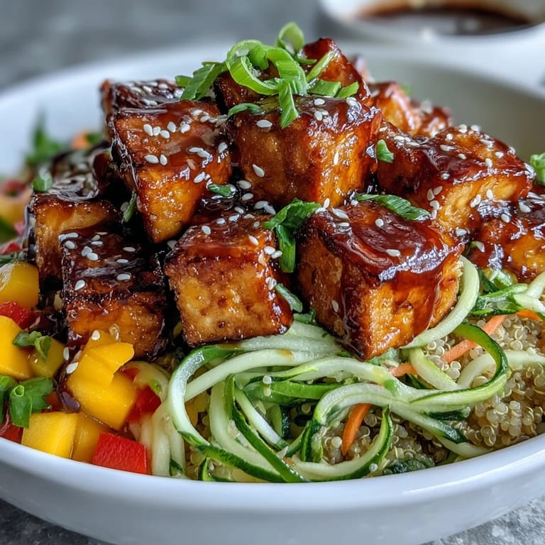 A finished Easy Teriyaki Quinoa Bowl features spiralized veggies, sweet diced mango, and sesame seeds, drizzled with glossy gluten-free teriyaki sauce.
