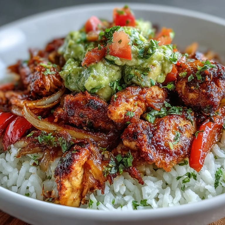 Sizzling roasted chicken tinga, colorful bell peppers, and onions rest on white rice with a side of chunky avocado salsa.