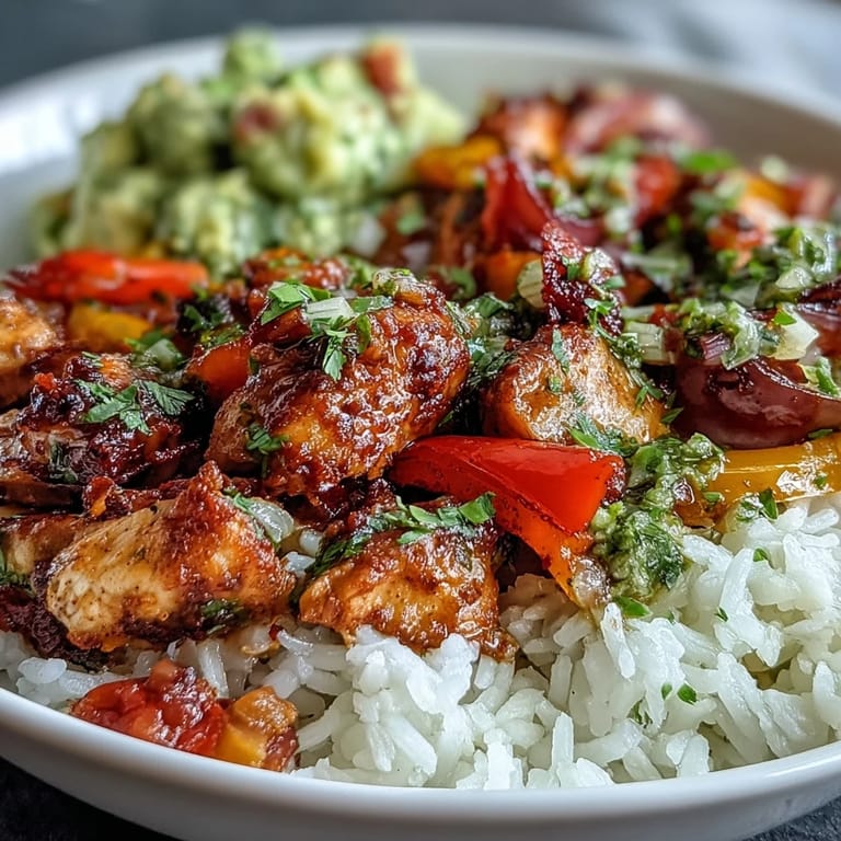 A close-up of a fork-ready Sheet Pan Chicken Tinga Bowl, showcasing tender chipotle-spiced chicken, vibrant veggies, and zesty lime.