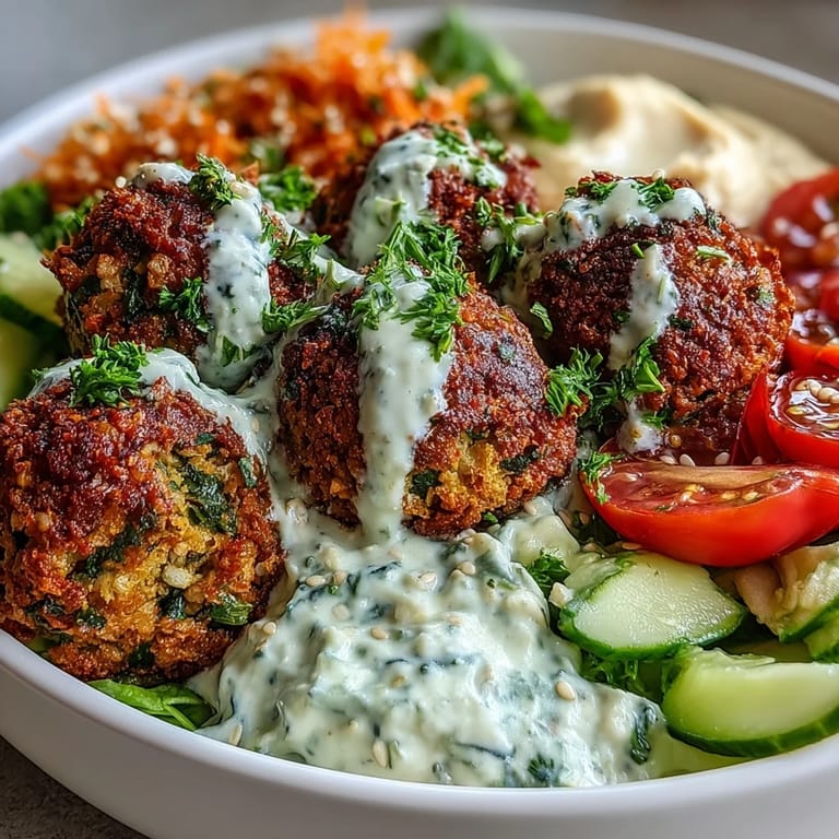 A close-up view of a vibrant Falafel Bowl highlights drizzled tahini sauce and chopped parsley.