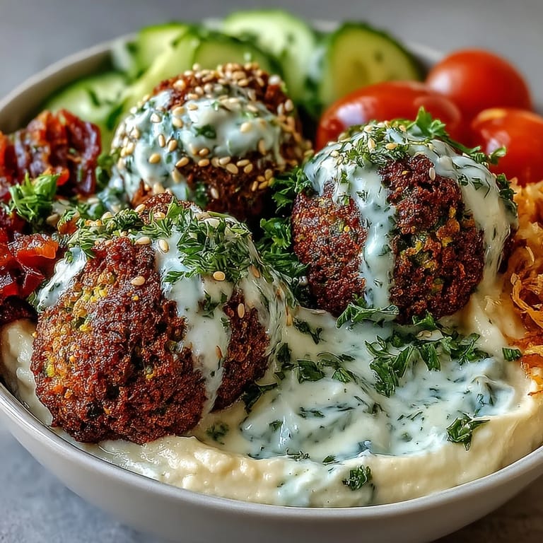 Falafel Bowl served with lemon wedges, cherry tomatoes, cucumbers, and a colorful array of veggies.