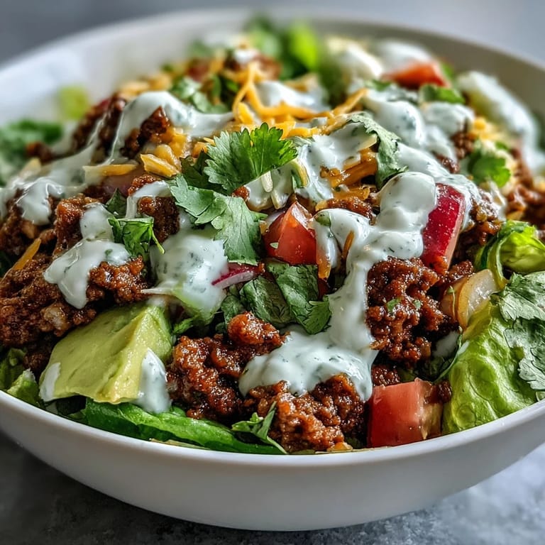 A colorful Healthy Taco Bowl features seasoned beef, crisp lettuce, and a drizzle of zesty yogurt crema.