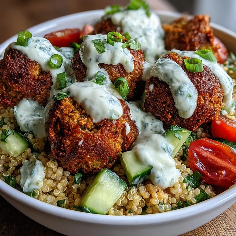Serving suggestion for the hearty Falafel Quinoa Salad Bowl, garnished with fresh herbs and lemon wedges alongside a fork.