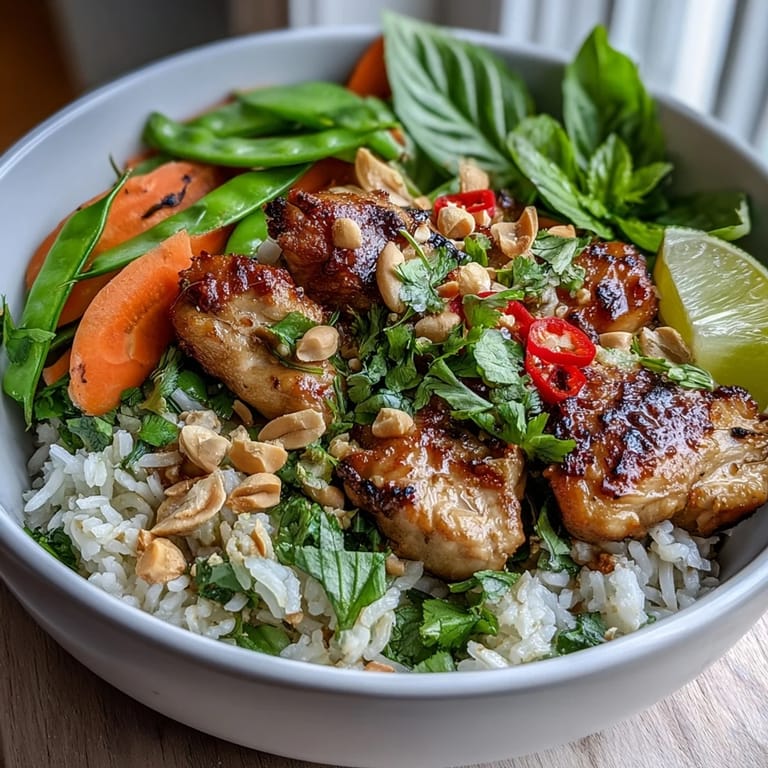 Fragrant Thai Chicken Coconut Bowl garnished with peanuts, lime wedges, and cilantro on a rustic wooden table.