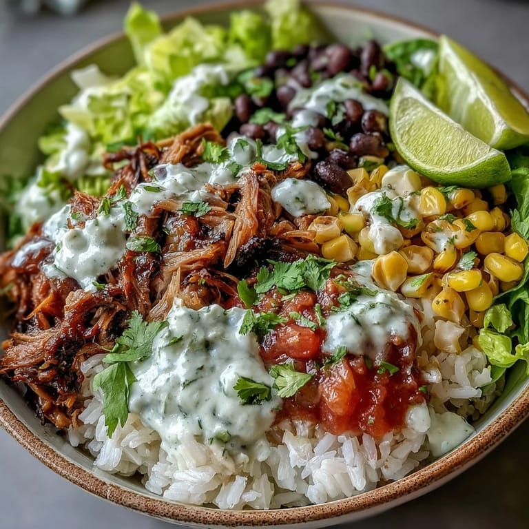 Vibrant Carnitas Burrito Bowl featuring tender shredded pork, black beans, sweet corn, and a drizzle of tangy lime crema garnish.