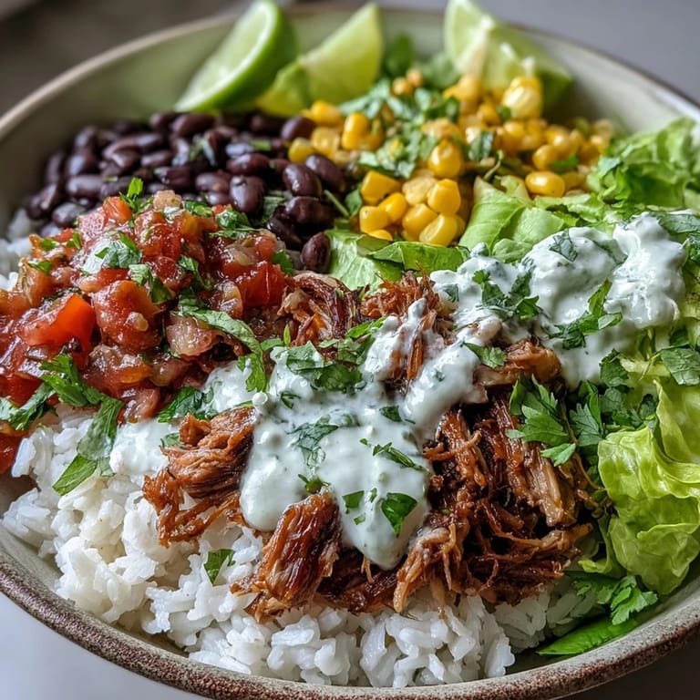 A hearty gluten-free Carnitas Burrito Bowl with juicy carnitas, fresh cilantro, and lime wedges ready for a satisfying main course.