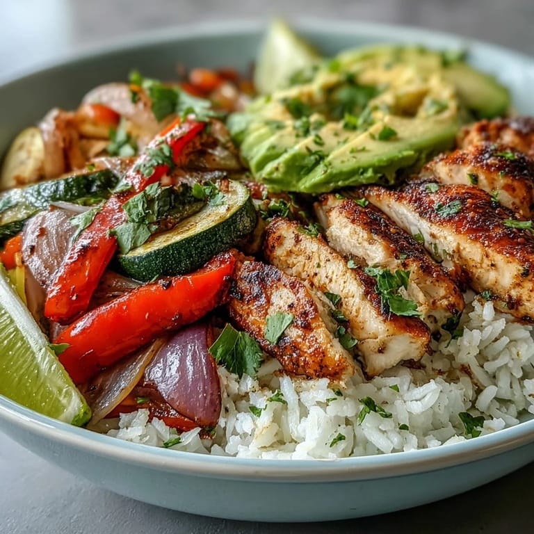 A vibrant Sheet Pan Fajita Bowl garnished with cilantro and lime wedges, ready for a healthy Tex-Mex dinner.