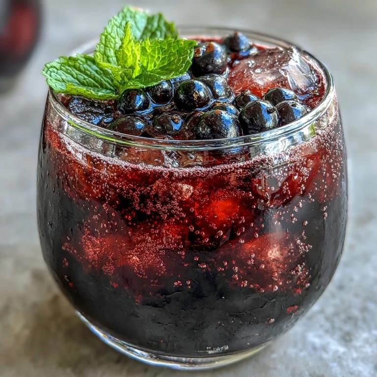 The creamy Black Currant It Berry Celebration Drink smoothie features a rich purple hue and ripe banana slices.