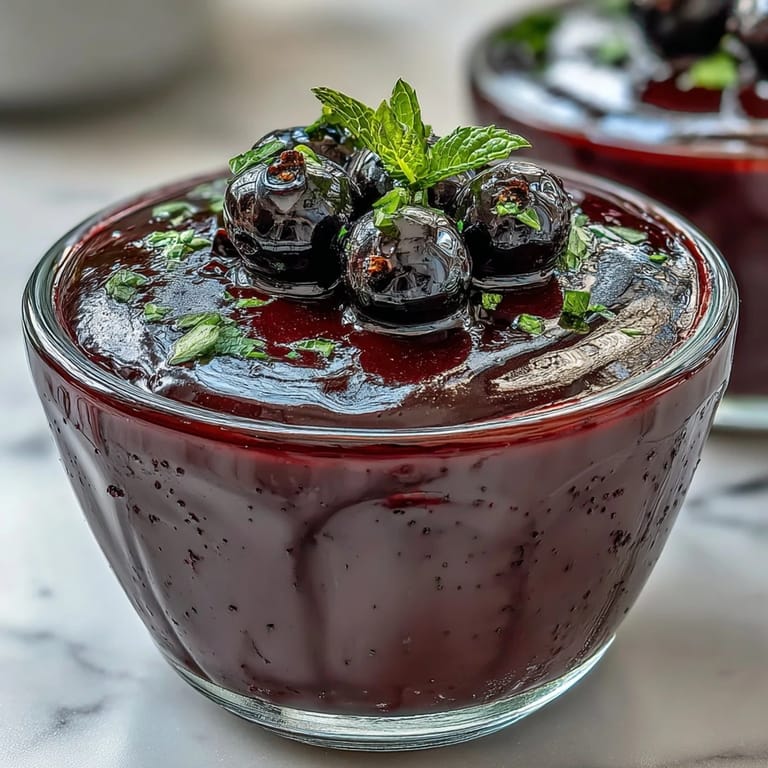Close-up of silky Black Currant Panna Cotta with a spoon dipping into the smooth custard and berry glaze.