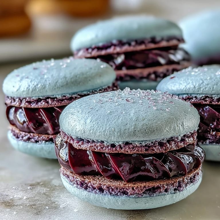 Two sandwiched Black Currant Macarons showcasing a vibrant, tangy ganache filling beside fresh berries.