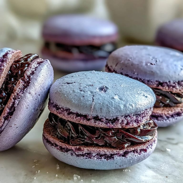 Homemade French Black Currant Macarons with textured shells, perfect for an elegant afternoon tea.