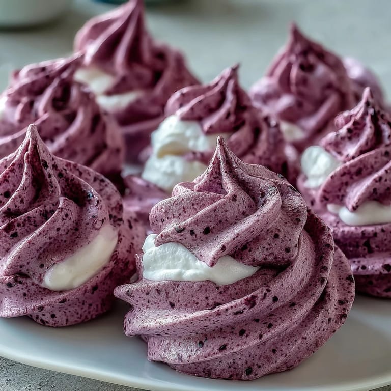 Delicate Black Currant Meringues dusted with powder and topped with fresh berries for a sweet treat. 