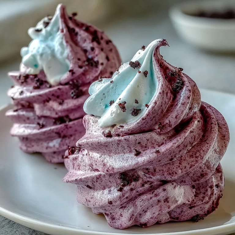 Light and airy Black Currant Meringues with purple swirls sitting on a rustic wooden table.