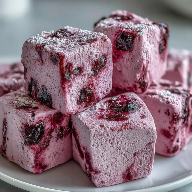 Close-up of homemade Black Currant Marshmallows with a glossy finish and vibrant purple swirls, ready to be served in mugs of hot cocoa.