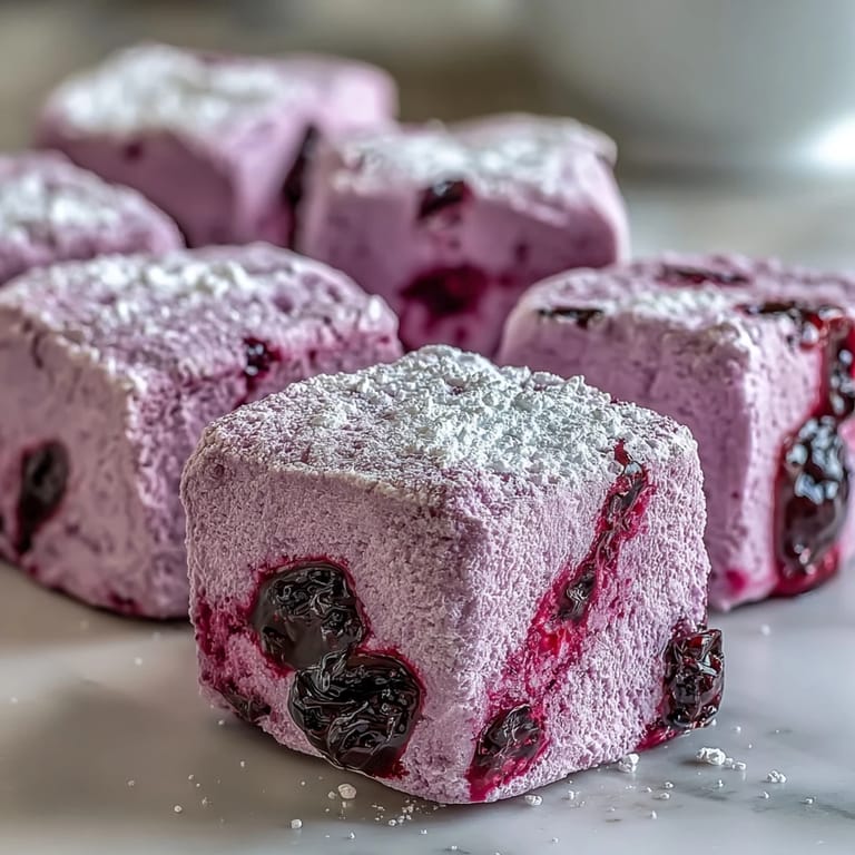 Freshly cut squares of Black Currant Marshmallows on a baking pan, dusted with confectioners sugar and cornstarch, a perfect gluten-free dessert.