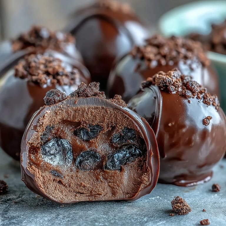 Decadent Black Currant Chocolate Truffles garnished with freeze-dried currants, ready to serve for a special dessert.