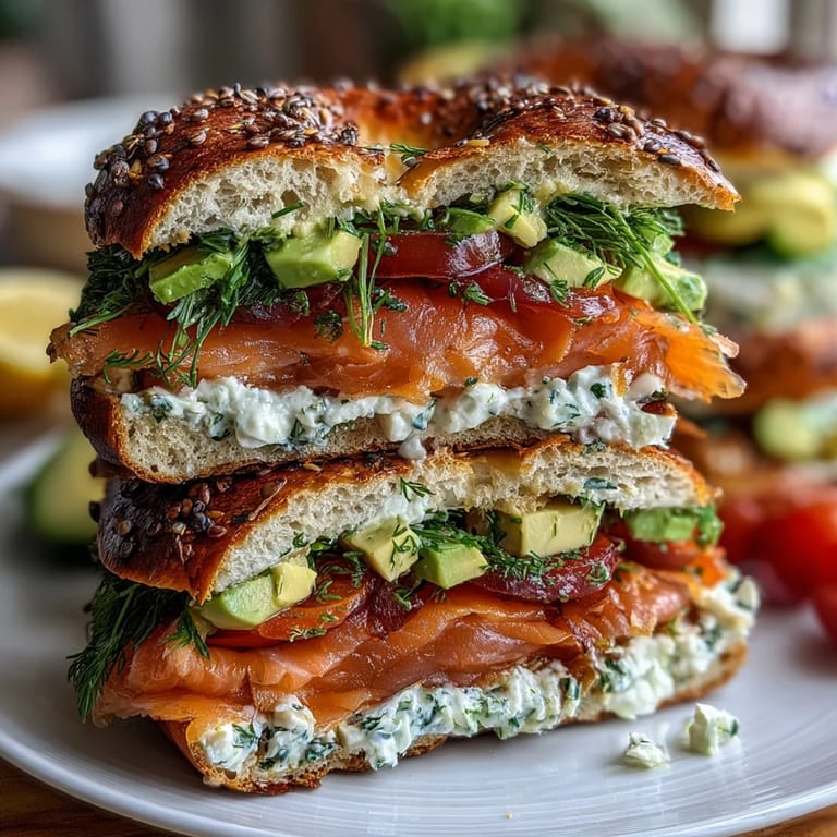 Colorful Smoked Salmon Bagel Board with Whipped Cream Cheese, Assorted Bagels, Fresh Dill, Chives, and Seasonal Vegetables Ready to Serve