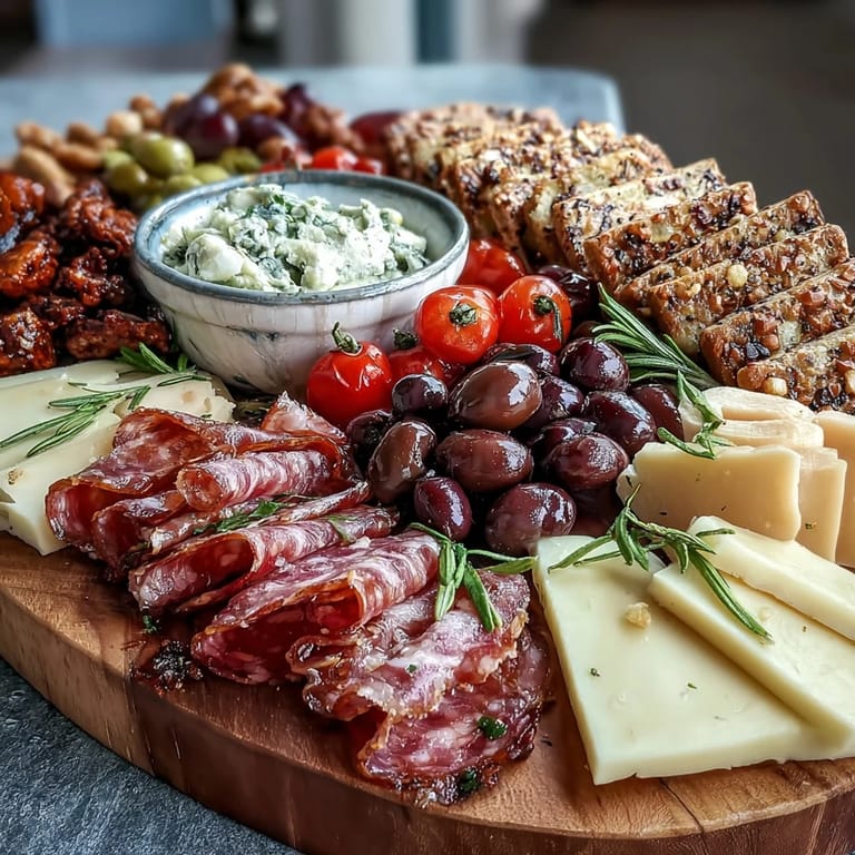 A beautifully crafted Housewarming Party Charcuterie Board with Dips and Crackers, showcasing a tempting spread of savory meats, creamy cheeses, and vibrant produce, perfect for festive gatherings.