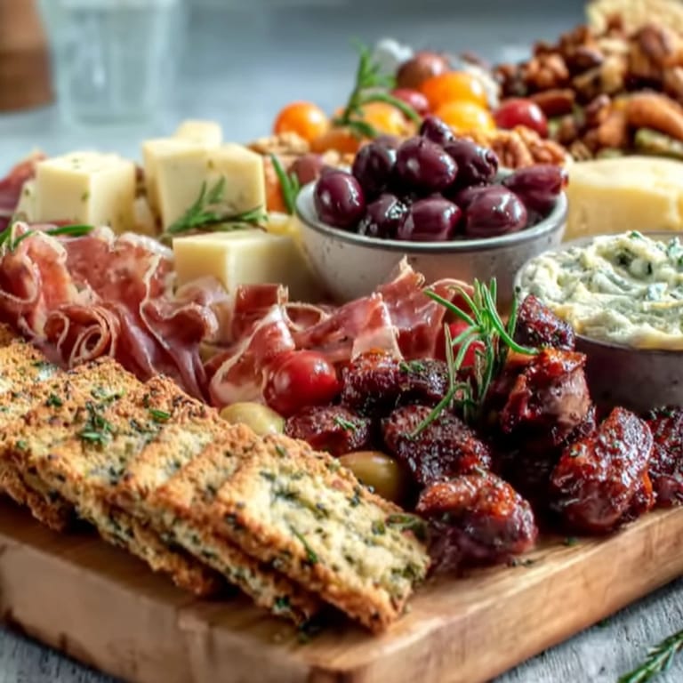 Celebrate with this Housewarming Party Charcuterie Board with Dips and Crackers, elegantly arranged with assorted meats, cheeses, dips, and fresh accompaniments for a welcoming and delicious appetizer.