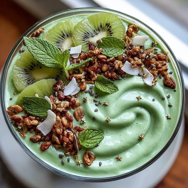 Protein-packed green smoothie bowl featuring banana, spinach, and avocado, decorated with shamrock-shaped kiwi and crunchy granola topping.