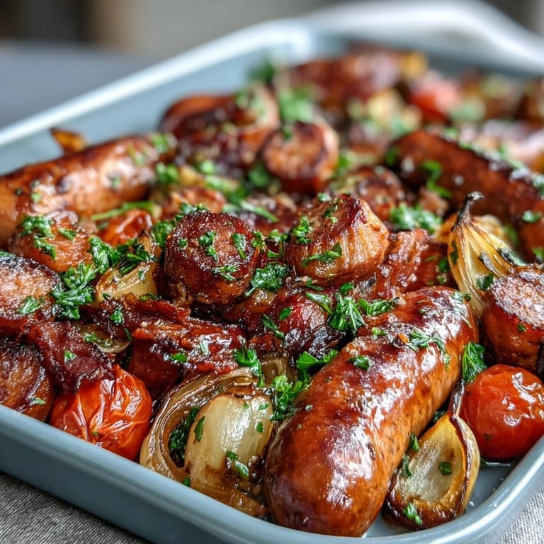 Aromatic sheet pan sausage and peppers with smoky paprika, roasted to perfection and garnished with fresh parsley.