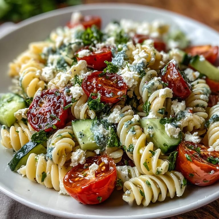 Creamy Lemon Vinaigrette Pasta Salad with fresh vegetables and zesty lemon dressing, topped with feta and pine nuts.  