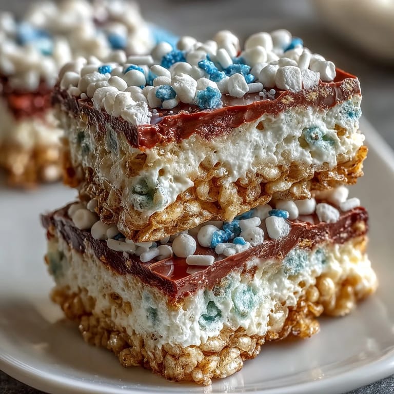 Chewy, colorful Rice Krispies squares layered in patriotic red, white, and blue, topped with festive sprinkles.  