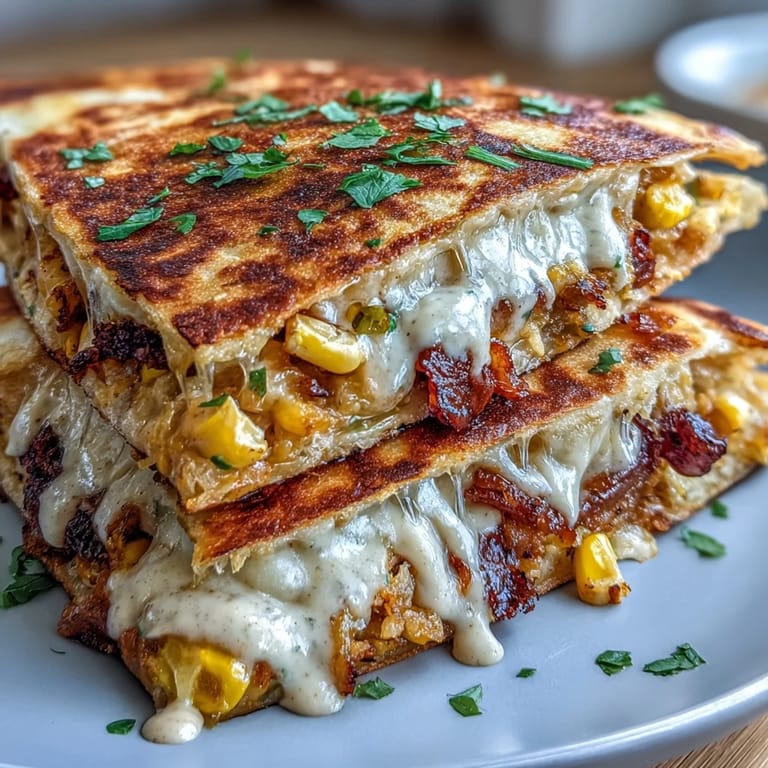 Festive Mexican-inspired quesadillas stuffed with charred corn, jalapeño, and Cotija cheese, drizzled with zesty chipotle crema.