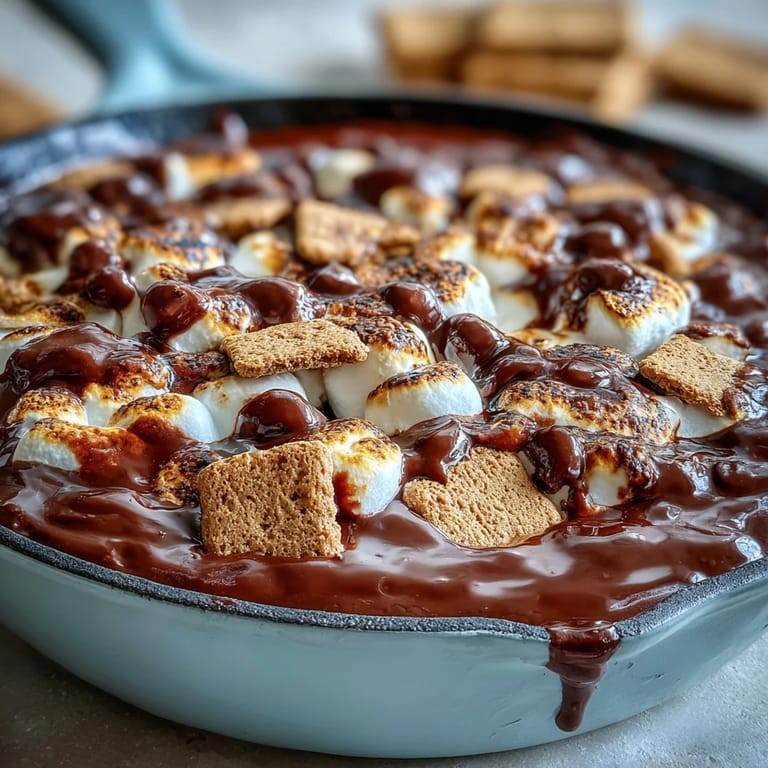 Warm smores dip bubbling with melted chocolate and toasted marshmallows, ready for dipping with graham crackers and fresh berries.