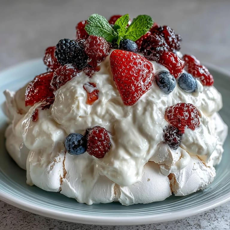 Light and airy Pavlova dessert crowned with fluffy whipped cream and a colorful mix of fresh strawberries, blueberries, and raspberries.