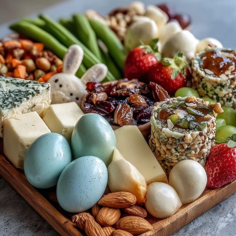 Spring-inspired charcuterie board features mini Easter baskets overflowing with fresh strawberries, cheeses, and bunny-shaped cookies for a cheerful holiday spread.
