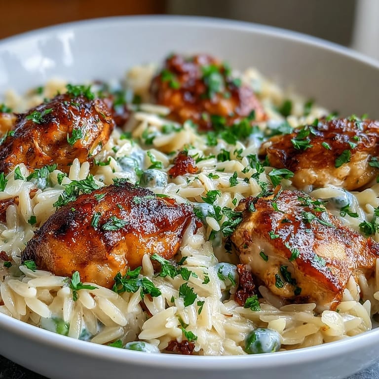Bright Mediterranean-inspired One-Pot Lemon Orzo featuring juicy chicken, vibrant peas, and zesty citrus in a creamy Parmesan sauce.