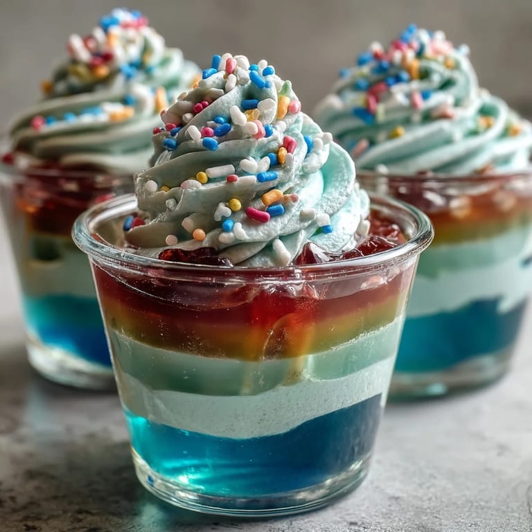 Vibrant Rainbow Jello Cups for Kids: fruity gelatin layers in red, orange, yellow, green, blue, and purple, topped with fluffy whipped cream.