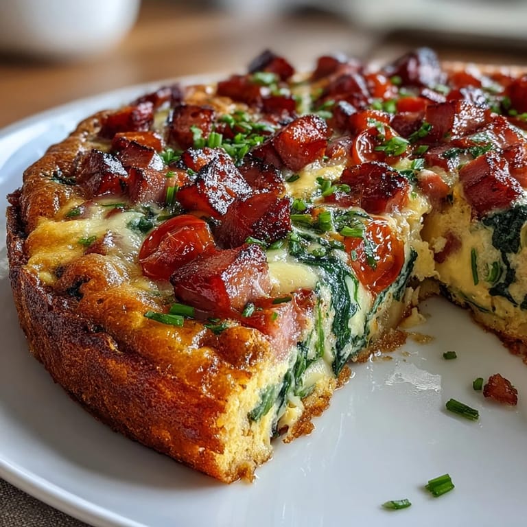 Protein-rich ham and Swiss cheese frittata with caramelized onions and fresh herbs, perfect for a hearty brunch or quick dinner.