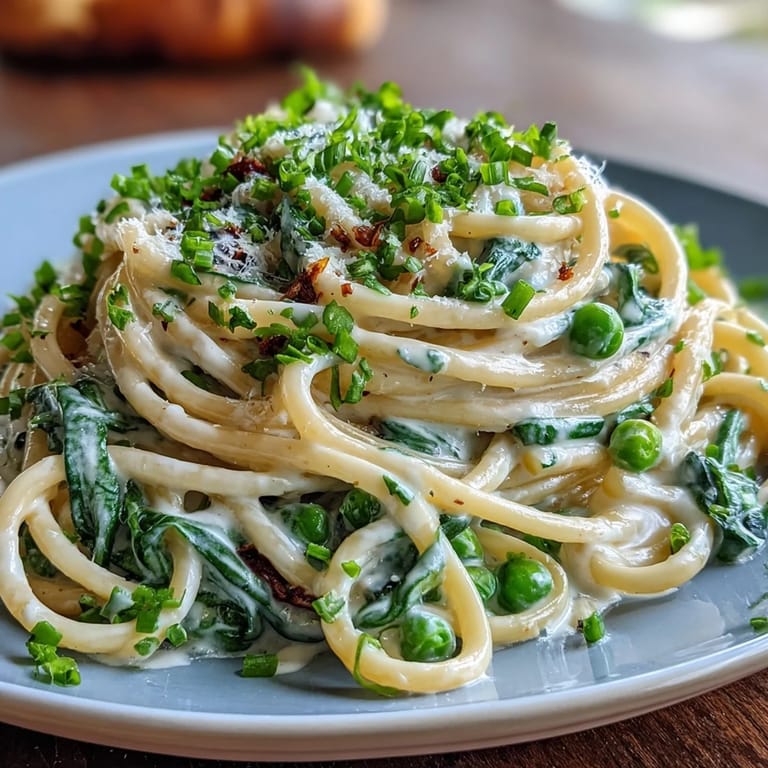 Bright spring pasta with lemon cream sauce, tender peas, and baby spinach, served with lemon zest garnish.