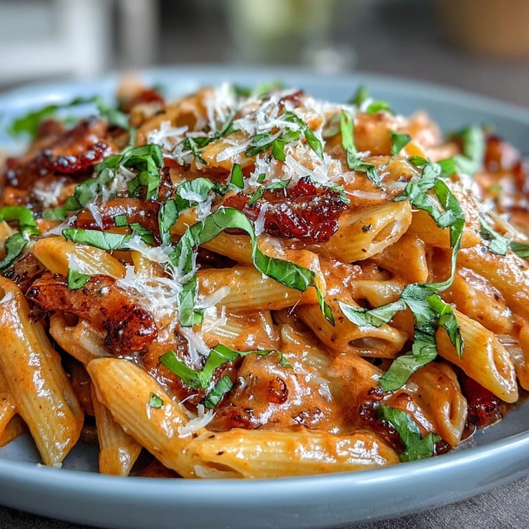 Enjoy delicious Viral Pink Sauce Pasta, garnished generously with fresh basil.