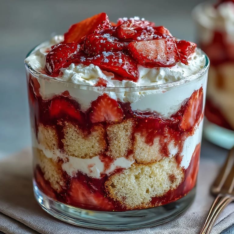 Tender cake cubes soak up juicy strawberries for everyone's favorite classic Strawberry Shortcake Trifle.