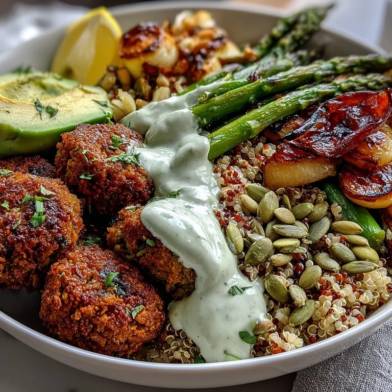 Roasted spring veggies, falafel, and quinoa create this nourishing Spring Buddha Bowl.