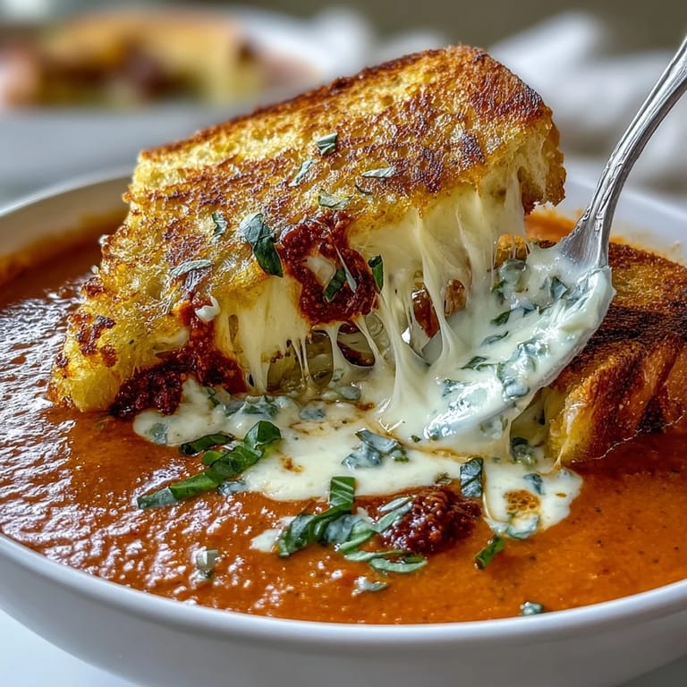 Charming bowl of creamy tomato basil soup, dotted with crunchy grilled cheese croutons.