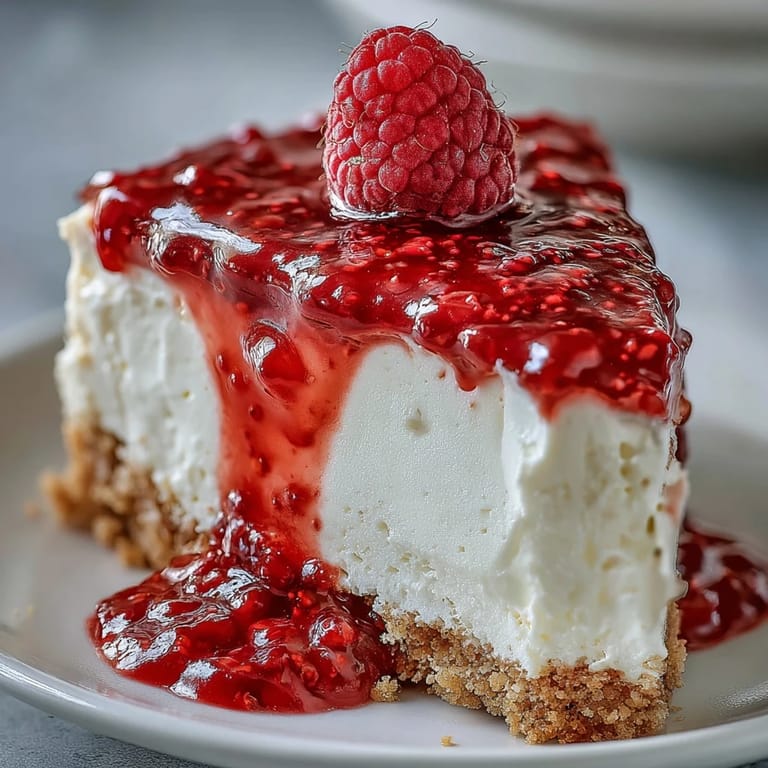 Decadent no-bake cheesecake, nestled on a buttery crust, topped with bright raspberry sauce.