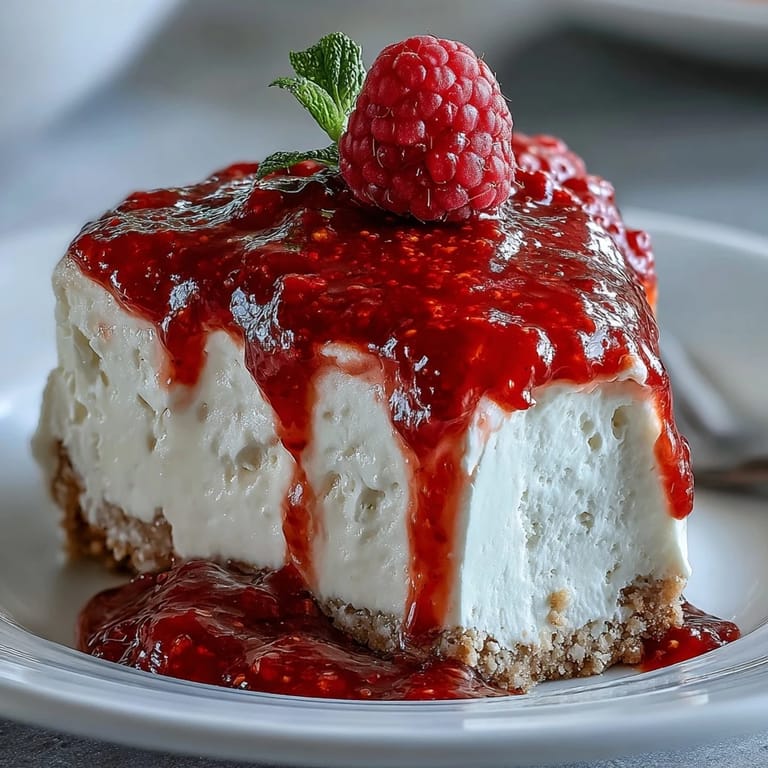 Perfectly smooth Mother's Day no-bake cheesecake crowned with jewel-like raspberry coulis.