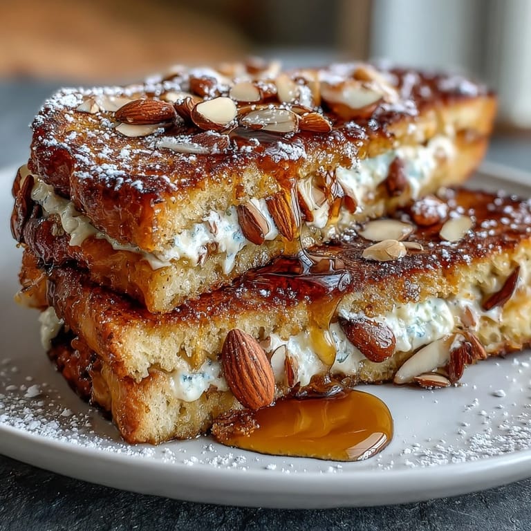 Decadent Almond Croissant French Toast featuring thick brioche, luscious almond cream, and crunchy toasted almond slices.