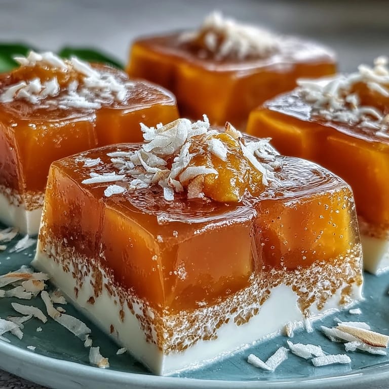 Sweet, jiggly mango agar-agar jelly cubes topped with luscious coconut milk.