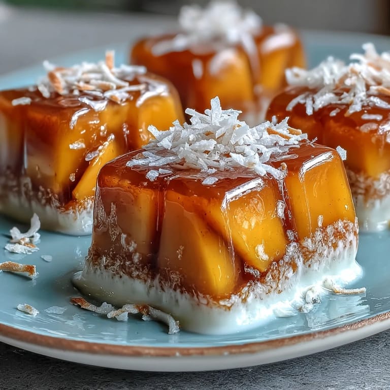 Chilled mango agar-agar jelly cubes glistening, a perfect tropical dessert bite.