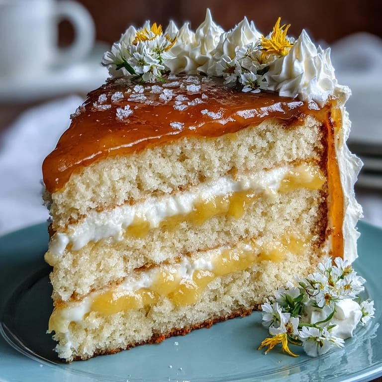 Elegant Mother's Day Lemon Curd Layer Cake, brightly frosted with zesty citrus filling.