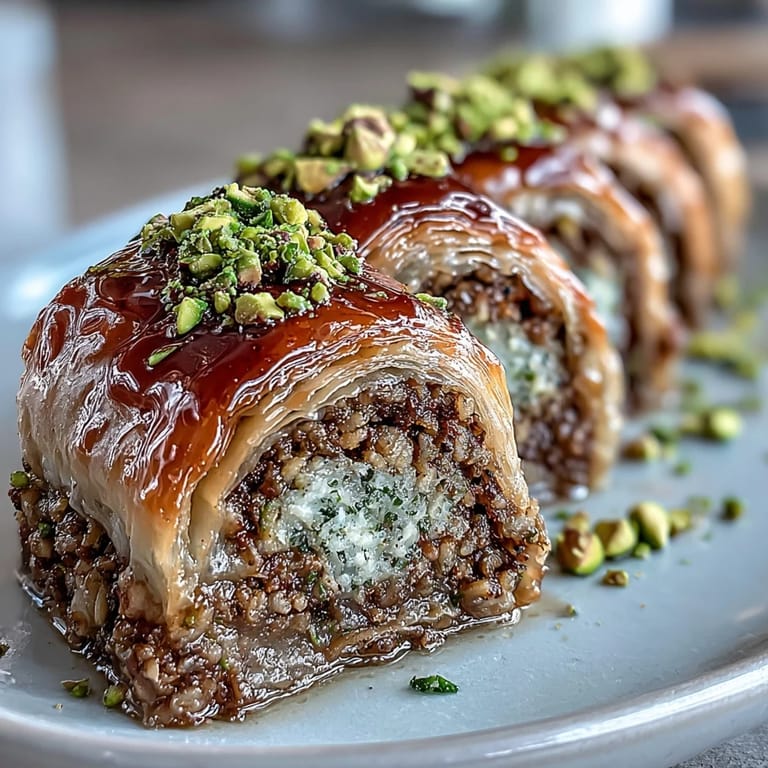 Fragrant Pistachio Baklava Rolls nestled on a baking sheet, glistening.