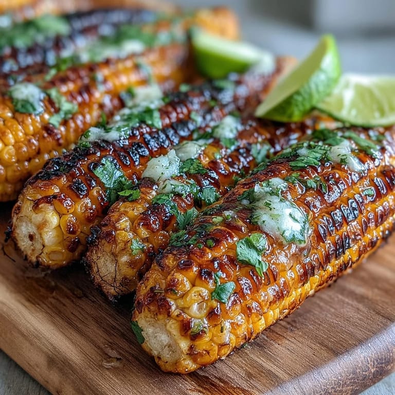 Summertime grilled corn ribs with a smoky chili lime butter, served with lime wedges.