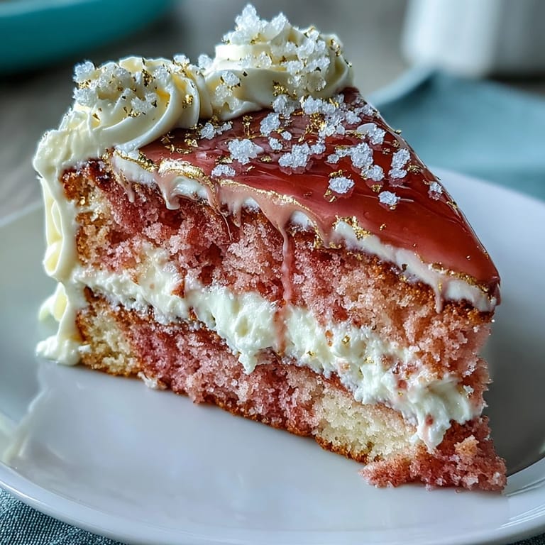 A delicate pink velvet cake made with rosé wine, layered with silky cream cheese frosting and finished with a shimmering gold drip, perfect for bridal showers and celebrations.